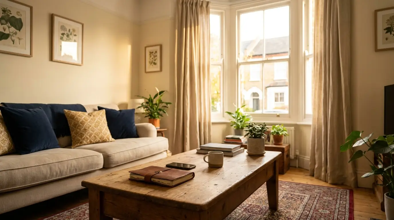 A bright terraced-house living room with bay windows